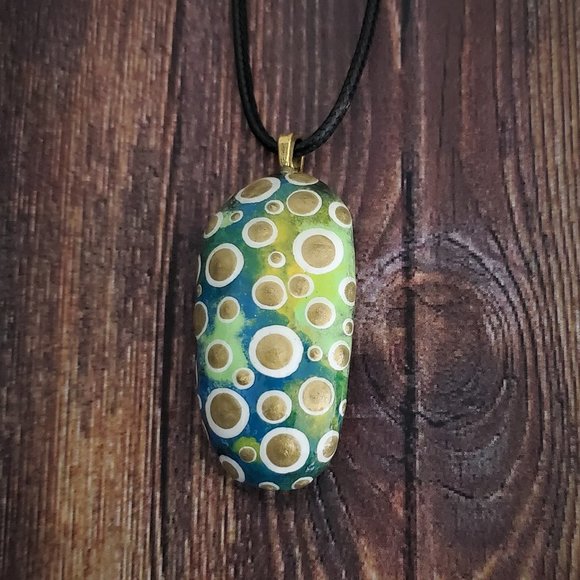 Handpainted Dot Art Pendant, Tahiti Green, Mod, Modern Art Jewelry - Picture 10 of 10